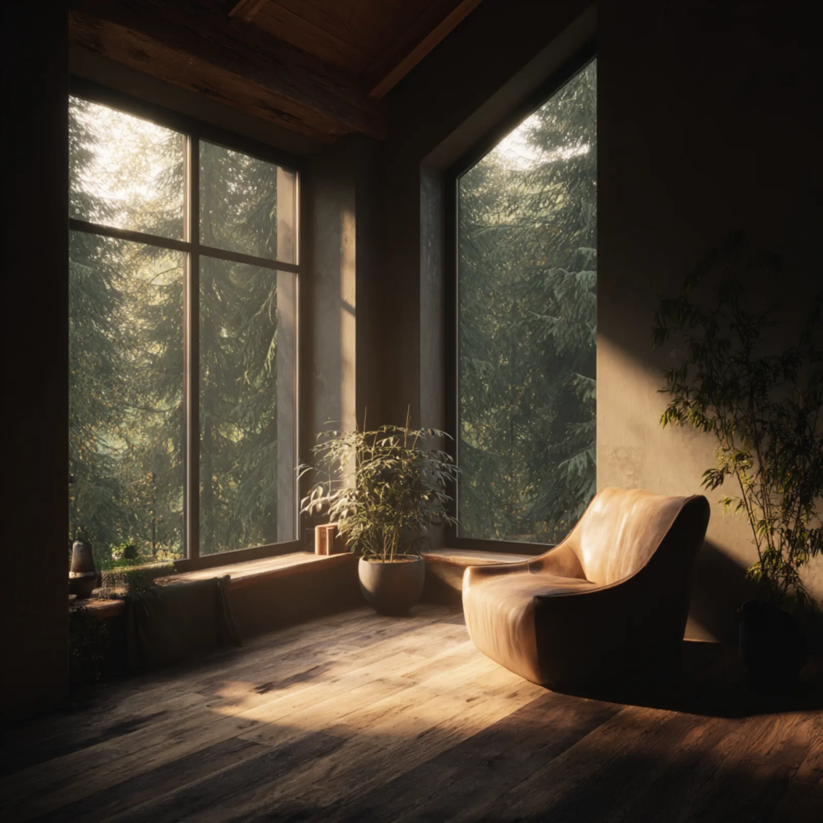 A sunlit room with a chair by a window looking out at forest