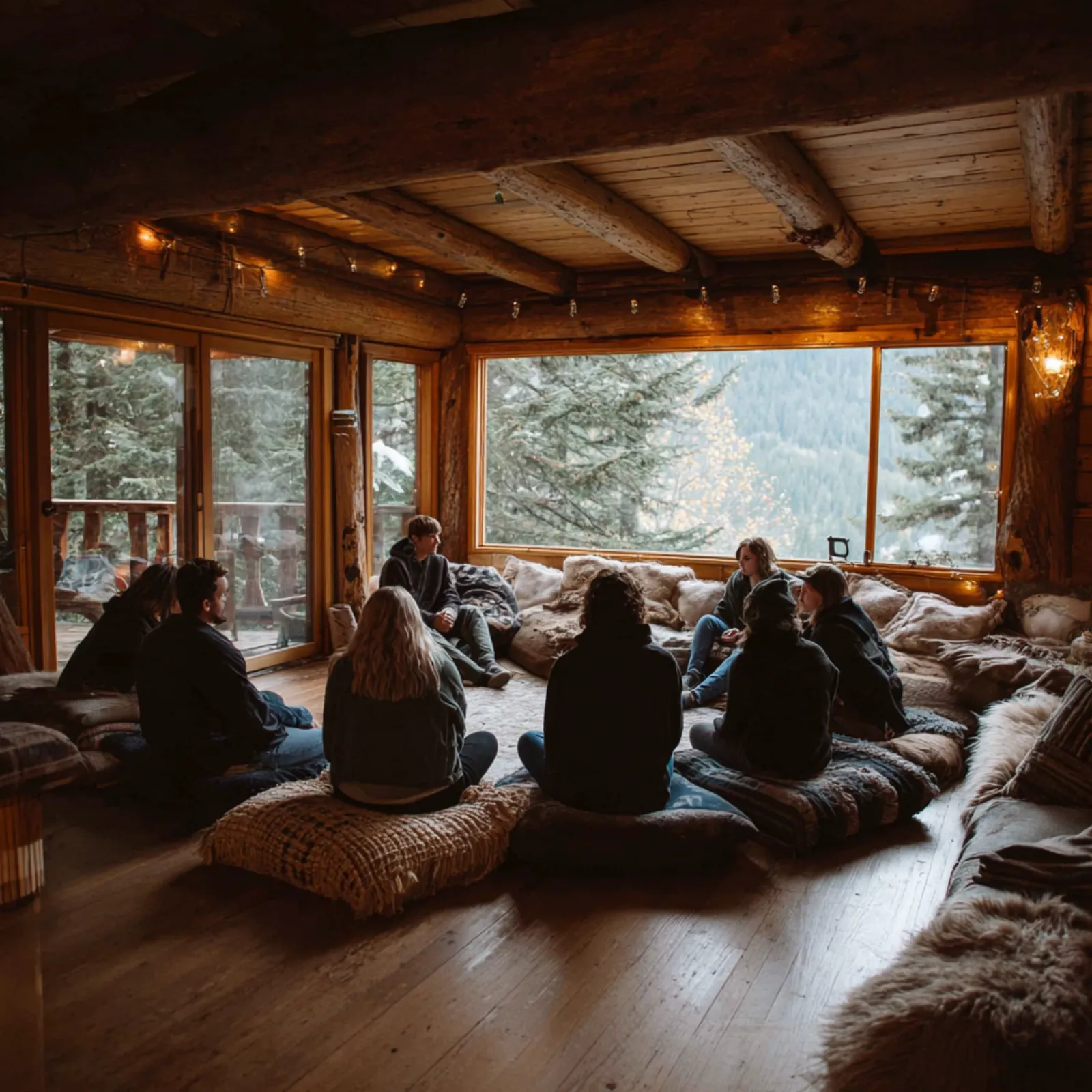 A mountain landscape with a workshop gathering
